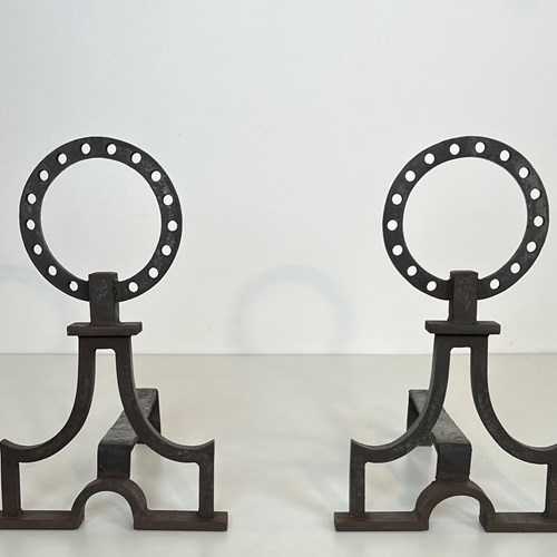 Pair Of Modernist Wrought Iron Andirons. French Work In The Style Of Gilbert Poi