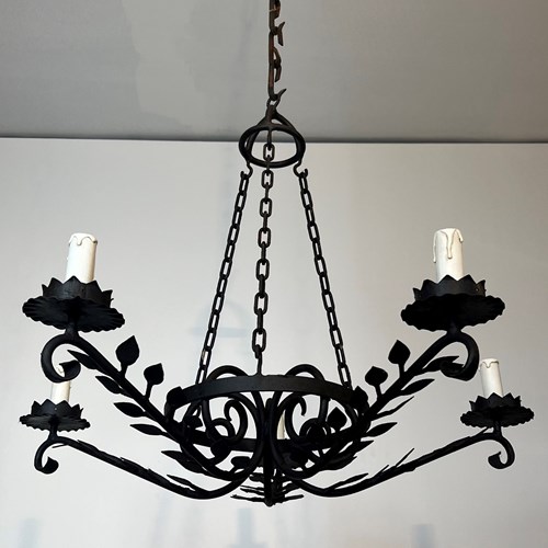 5 Arms Wrought Iron Chandelier With Leaves. French Work. 