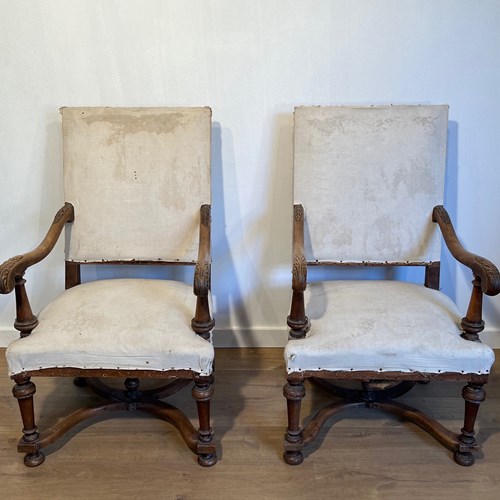 Pair Of High-Backed Walnut Armchairs. French Work 