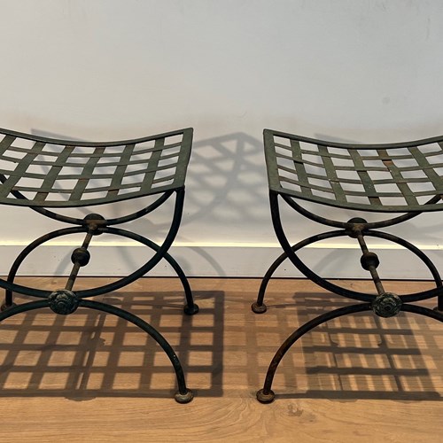 Pair Of Curules Stools In Wrought Iron And Patinated Metal.