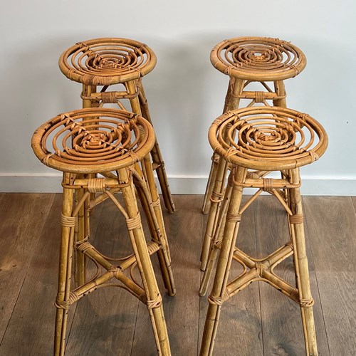 Set Of 4 Rattan Stools. French. Circa 1970