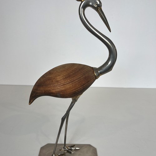 Decorative Exotic Wood And Nickel Bird. French Work. Circa 1970