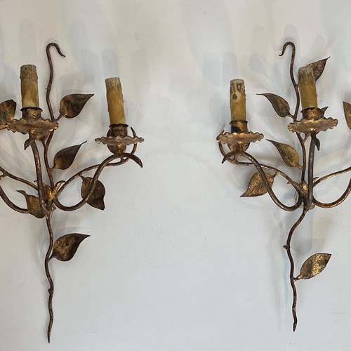 Pair Of 3 Lights Gilt Metal Wall Sconces With Leaves. French Work. 