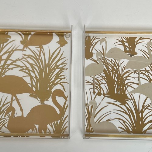 Pair Of Lucite And Brass Trays Decorated With Golden Birds 