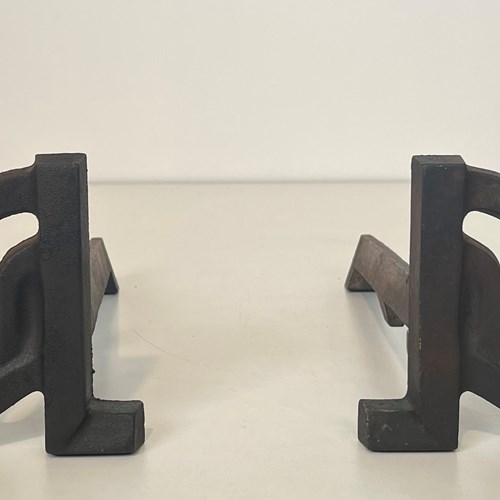 Pair Of Modernist Cast Iron And Wrought Iron Andirons. 