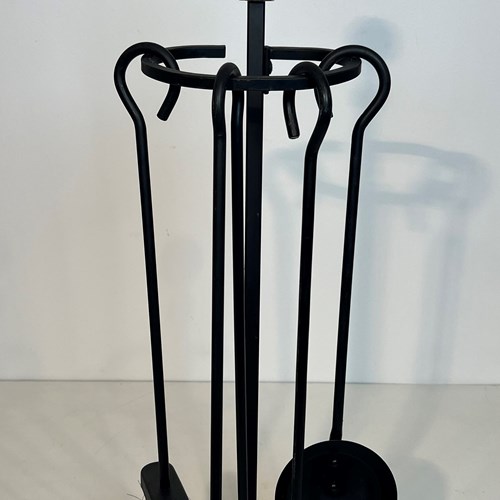 Black Lacquered And Brass Design Fireplace Tools On Stand.