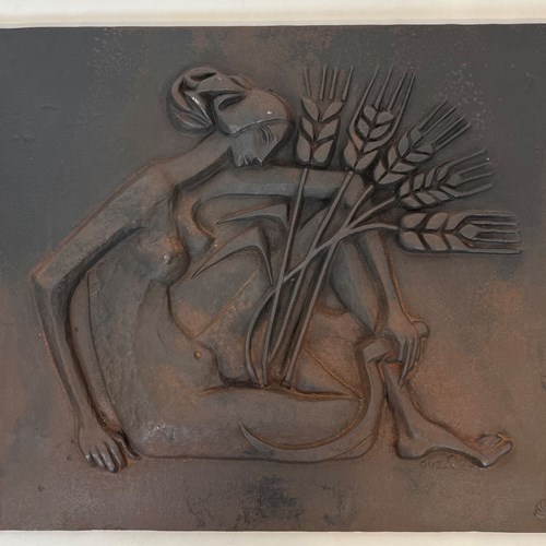 Modernist Cast Iron Fireback Representing A Nude Woman 