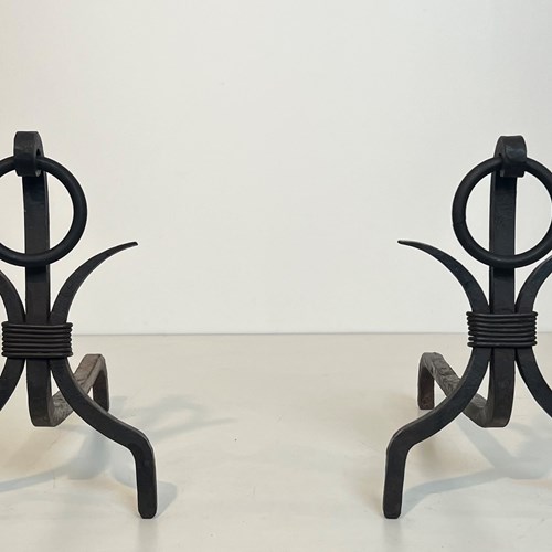 Pair Of Modernist Wrought Iron Andirons. French Work