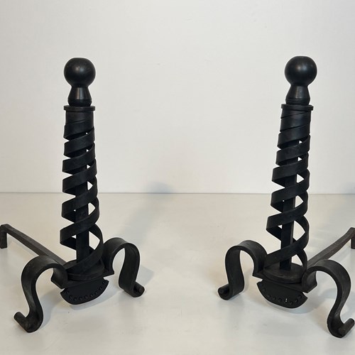 Pair Of Modernist Cast Iron And Wrought Iron Andirons. French Work