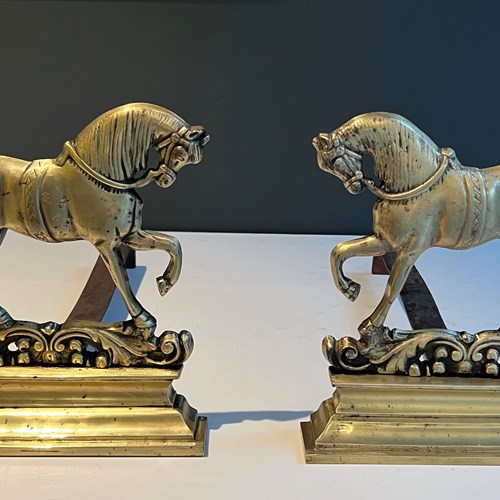 Pair Of Bronze Horses Andirons. French Work. Circa 1970