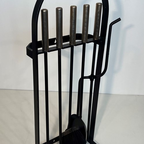 Black Lacquered And Chrome Design Fireplace Tools On Stand.