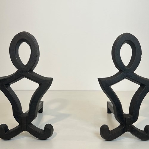 Pair Of Modernist Cast Iron And Wrought Iron Andirons. French Work