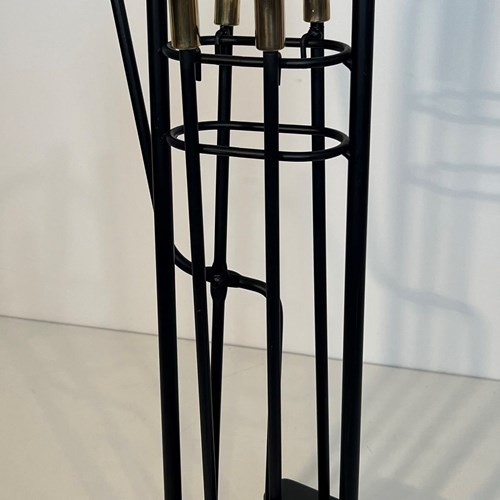 Black Lacquered And Brass Design Fireplace Tools On Stand.