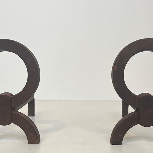 Pair Of Modernist Wrought Iron Andirons. French Work 