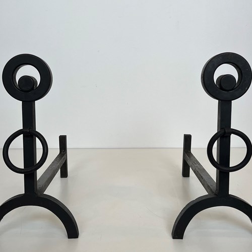 Pair Of Modernist Wrought Iron Andirons. French Work. Circa 1970