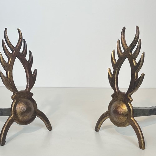 Pair Of Gilt Wrought Iron Andirons. French Work 