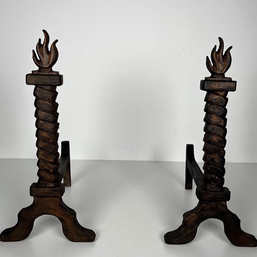 Rare Pair Of Flame Gilt Cast And Wrought Iron Andirons. 