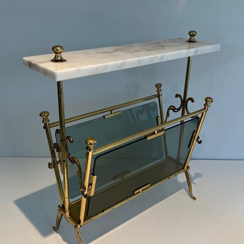 Brass Magazine Rack With Bluish Glass And White Marble Top. 