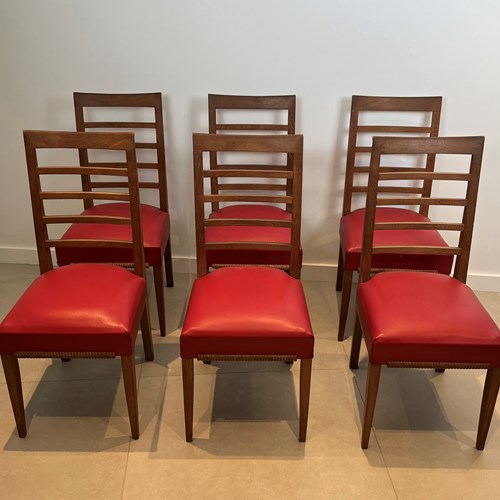 Set Of 6 Oak Chairs With Faux-Leather Seats. French Work 