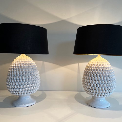 Pair Of Important White Ceramic Table Lamps. French Work. 