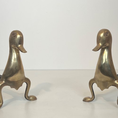 Pair Of Andirons Representing Stylized Brass Ducks. French Work 