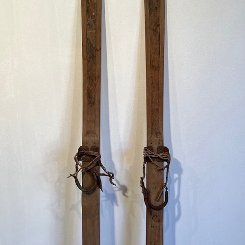 Pair Of Old Wooden Skis. French Work. Circa 1950