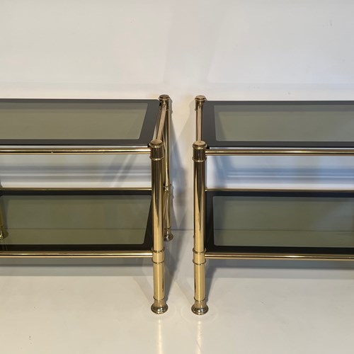 Pair Of Brass Side Tables With Smoked Glass Shelves. French Work.