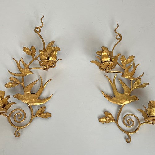 Pair Of Gilded Metal Birds Wall Sconces. French Work 