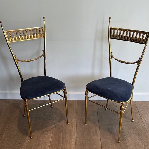 Pair Of Neoclassical Style Brass Chairs With Royal Blue Color. 