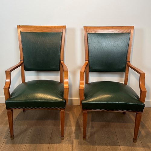 Pair Of Wooden And Leather Armchairs. Belgian Work 