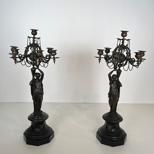 Pair Of Large Candelabra In Patinated Bronze Featuring Caryatids 