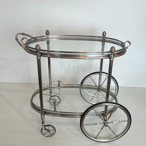 Neoclassical Style Oval Silvered Brass Drinks Trolley With Removable Trays.