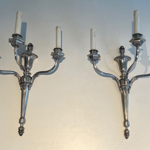 Pair Of Large Silvered Metal Wall Lights With 3 Arms. French Work.