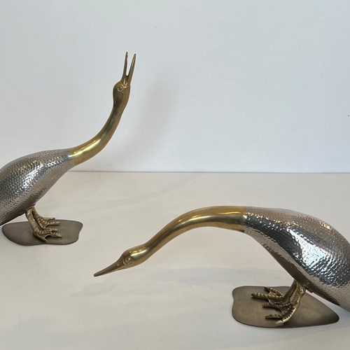 Set Of 2 Silvered And Brass Ducks. French Work. Circa 1970
