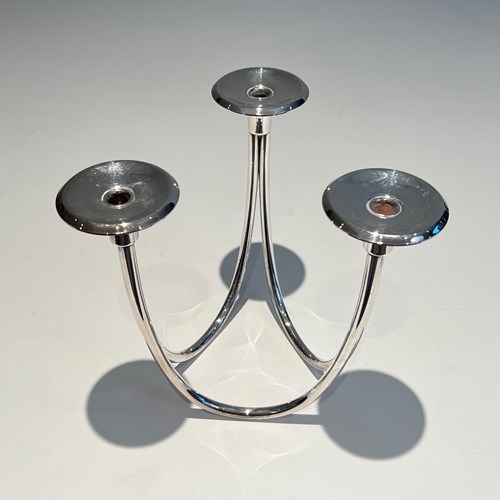 Design Silvered Metal Candlestick With 3 Candles. French Work. 