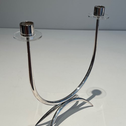 Design Silvered Metal And Lucite Candlestick With 2 Candles. French Work