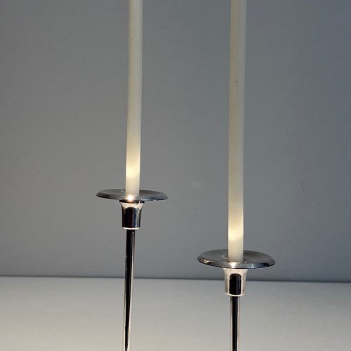 Design Silvered Metal And Lucite Candlestick With 2 Candles. 