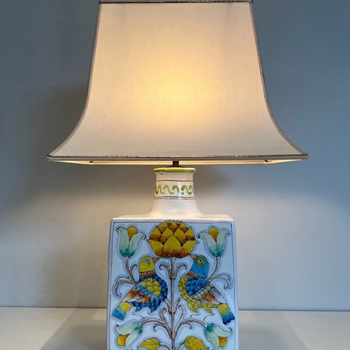 Earthenware Table Lamp With Birds And Flowers Decors. French Work