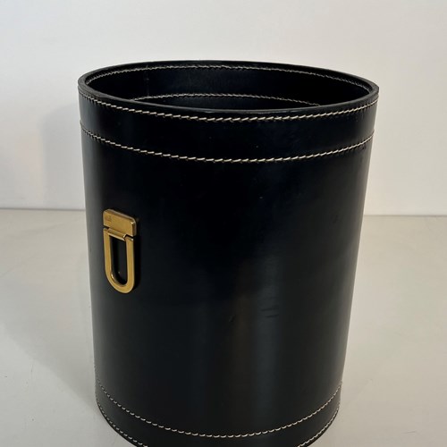 Black Leather And Brass Waste Paper Basket. French Work 