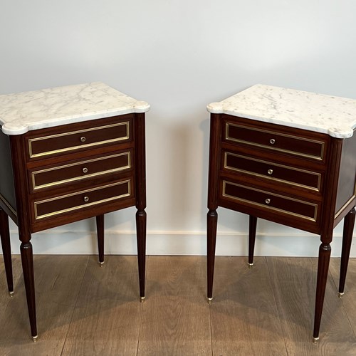 Pair Of Mahogany And Brass Side Tables With Carrara Marble Tops.
