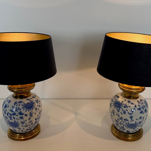 Pair Of Table Lamps Made Of Porcelain In The Blue And White Tons