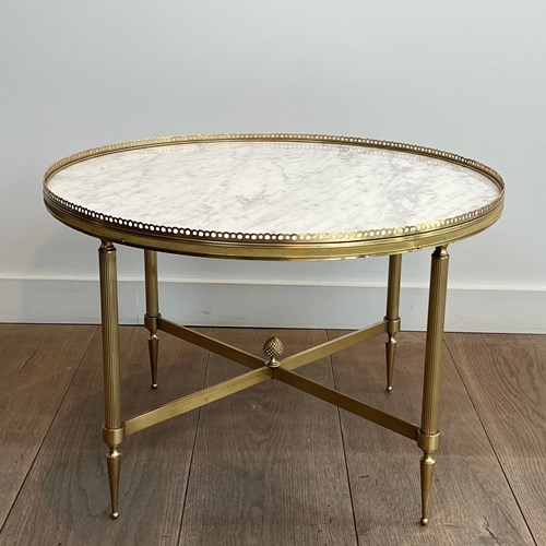 Neoclassical Style Round Brass Coffee Table With Carrara Marble Top.