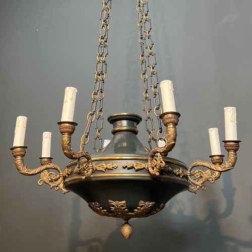Large Empire Style Chandelier Made Of Green Sheet Metal Gilded Bronze