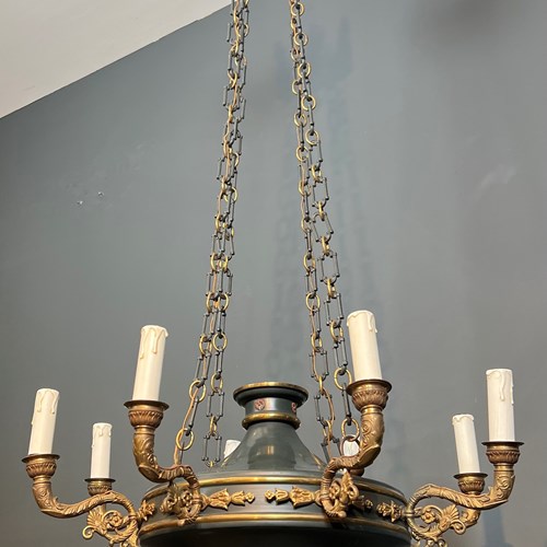 Large Empire Style Chandelier Made Of Green Sheet Metal Gilded Bronze