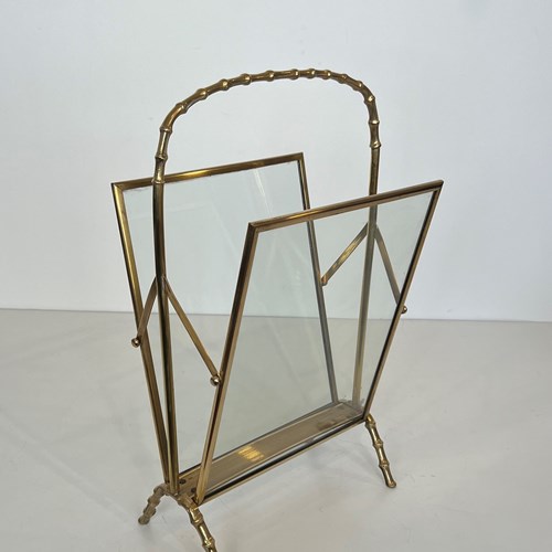 Brass Faux-Bamboo Magazine Rack With Clear Glass Panels On Each Side. 