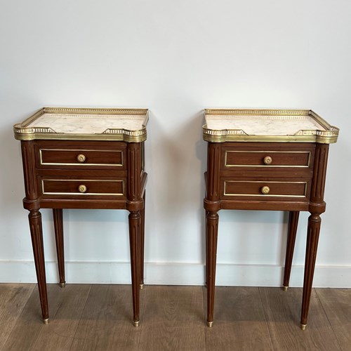 Pair Of Mahogany And Brass Side Tables With Carrara Marble Tops. 