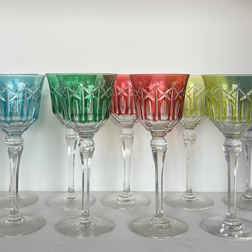 Set Of Twelve Crystal Glasses, Tinted In Different Colors 