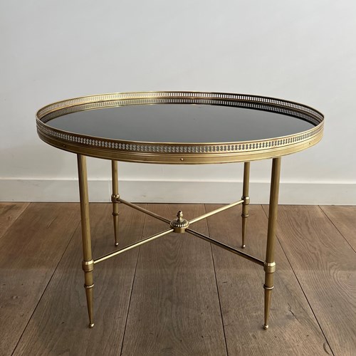 Round Brass Coffee Table With Black Lacquered Glass Top. French Work