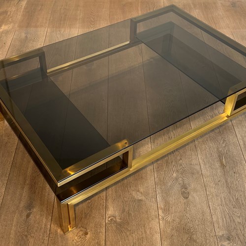 Modernist Brass Coffee Table With Smoked Glass Shelves. French Work