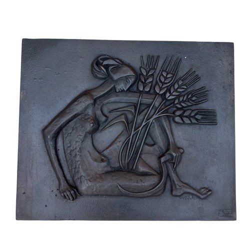 Modernist Cast Iron Fireback Representing A Nude Woman 